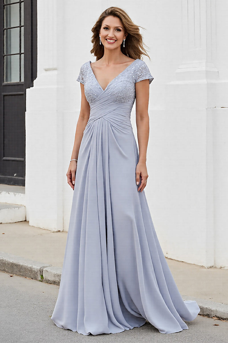 Load image into Gallery viewer, Silver Chiffon A Line Maxi Mother of the Bride Dress with Appliques