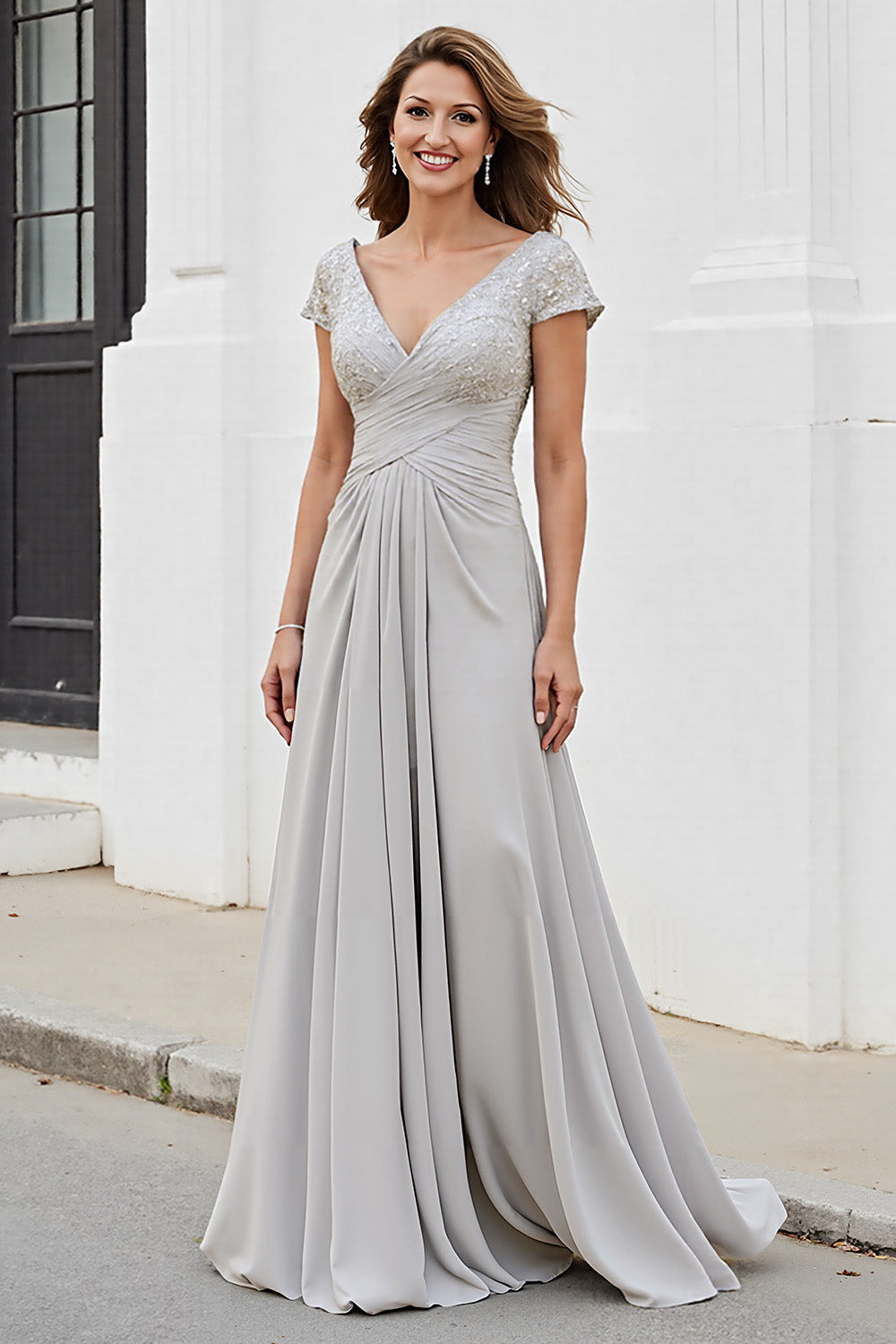 Silver Chiffon A Line Maxi Mother of the Bride Dress with Appliques