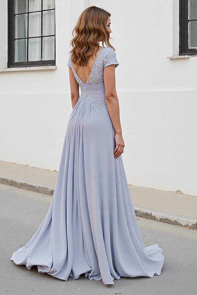 Load image into Gallery viewer, Silver Chiffon A Line Maxi Mother of the Bride Dress with Appliques