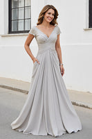 Load image into Gallery viewer, Silver Chiffon A Line Maxi Mother of the Bride Dress with Appliques