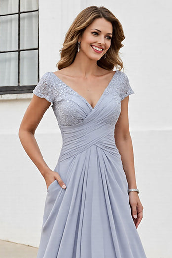 Silver Chiffon A Line Maxi Mother of the Bride Dress with Appliques