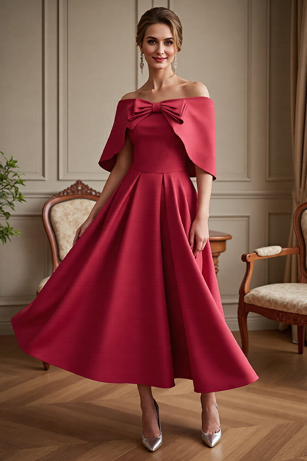 Red Satin A Line Maxi Mother of the Bride Dress with Bow