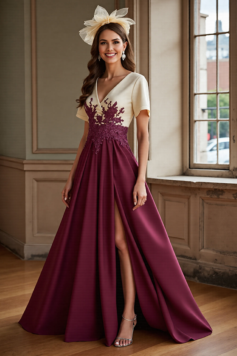 Burgundy A Line Satin Maxi Mother of the Bride Dress with Slit