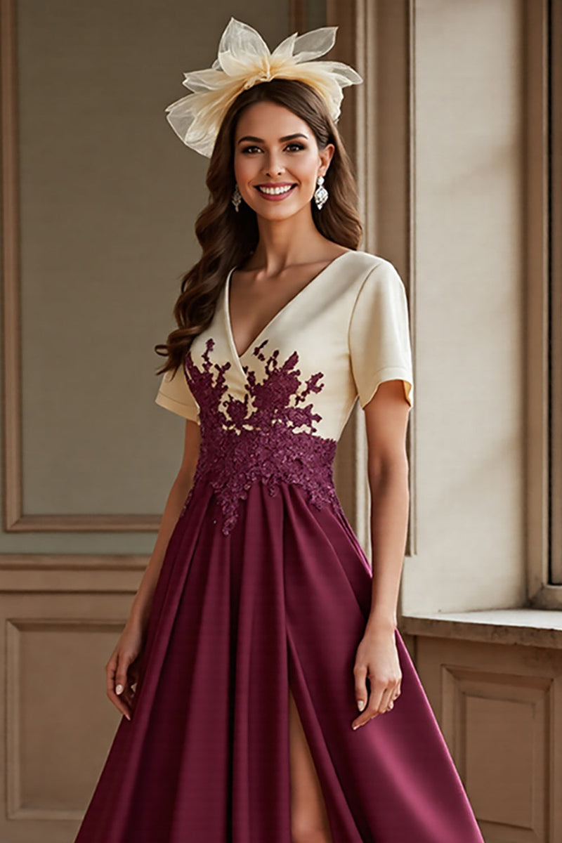 Load image into Gallery viewer, Burgundy A Line Satin Maxi Mother of the Bride Dress with Slit