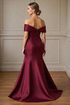 Burgundy Mermaid Off the Shoulder Satin Maxi Mother of the Bride Dress