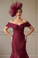 Load image into Gallery viewer, Burgundy Mermaid Off the Shoulder Satin Maxi Mother of the Bride Dress