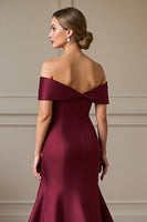 Load image into Gallery viewer, Burgundy Mermaid Off the Shoulder Satin Maxi Mother of the Bride Dress