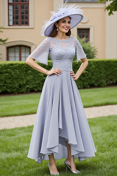 Silver A Line Chiffon Maxi Mother of the Bride Dress with Lace