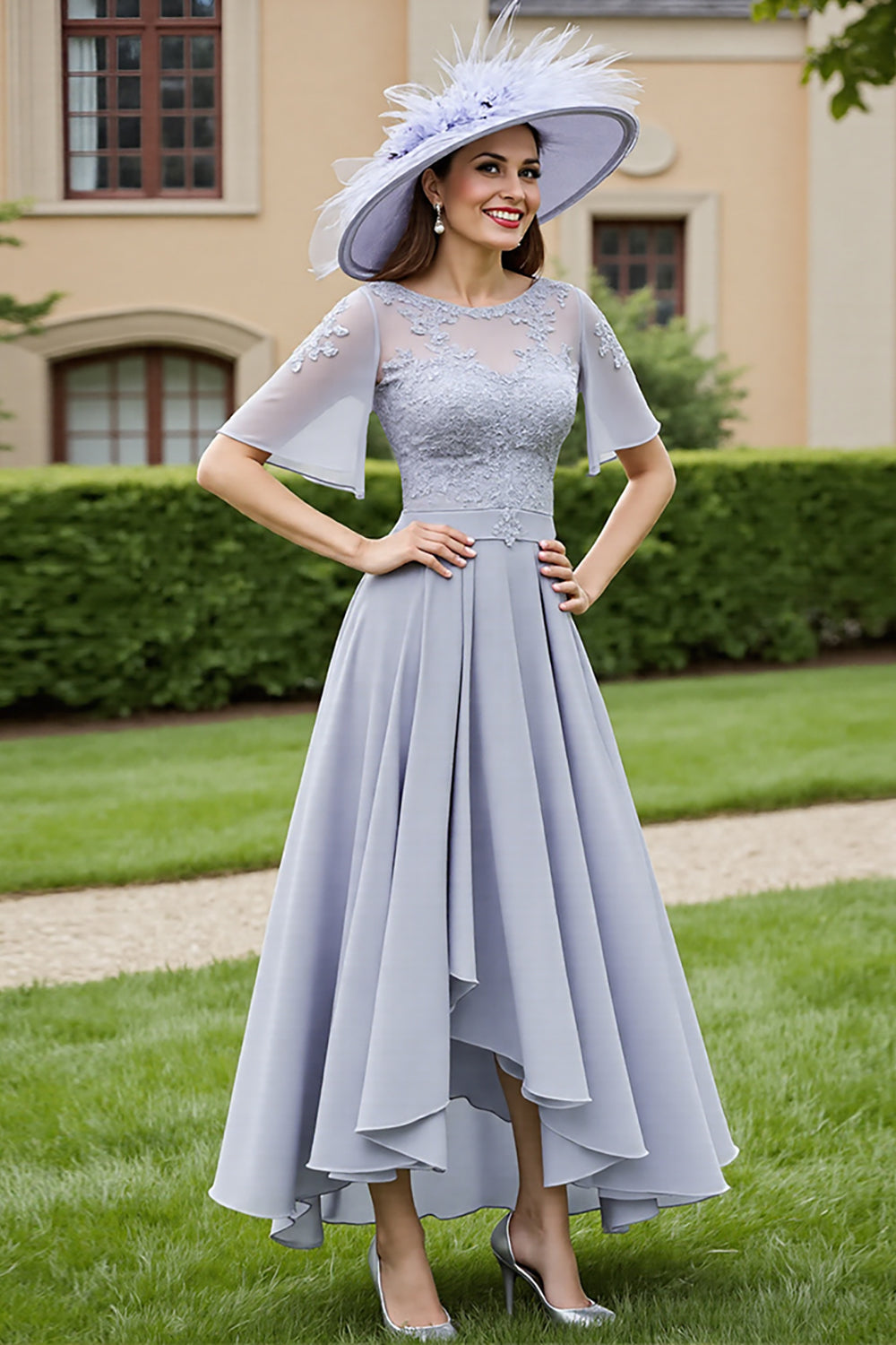 Silver A Line Chiffon Maxi Mother of the Bride Dress with Lace