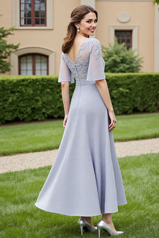 Silver A Line Chiffon Maxi Mother of the Bride Dress with Lace