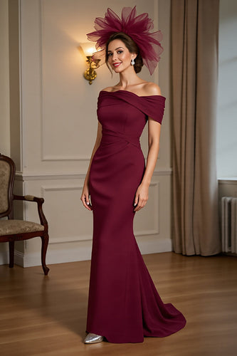 Burgundy Satin Off the Shoulder Maxi Mother of the Bride Dress