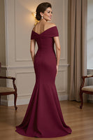 Load image into Gallery viewer, Burgundy Satin Off the Shoulder Maxi Mother of the Bride Dress