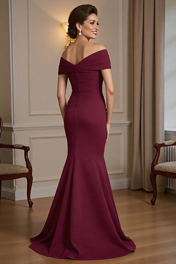 Burgundy Satin Off the Shoulder Maxi Mother of the Bride Dress