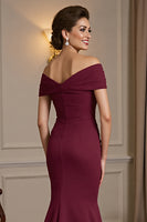 Load image into Gallery viewer, Burgundy Satin Off the Shoulder Maxi Mother of the Bride Dress