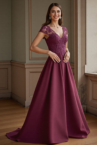 Lilac Satin A Line Maxi Mother of the Bride Dress with Lace