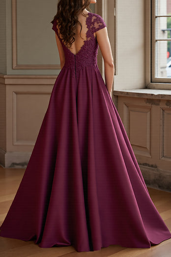 Lilac Satin A Line Maxi Mother of the Bride Dress with Lace
