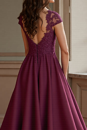 Lilac Satin A Line Maxi Mother of the Bride Dress with Lace