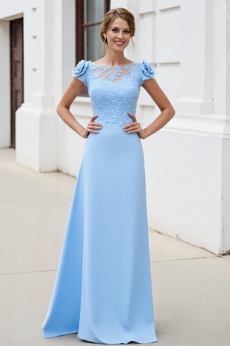 Sky Blue Floral Satin Maxi Mother of the Bride Dress with Lace