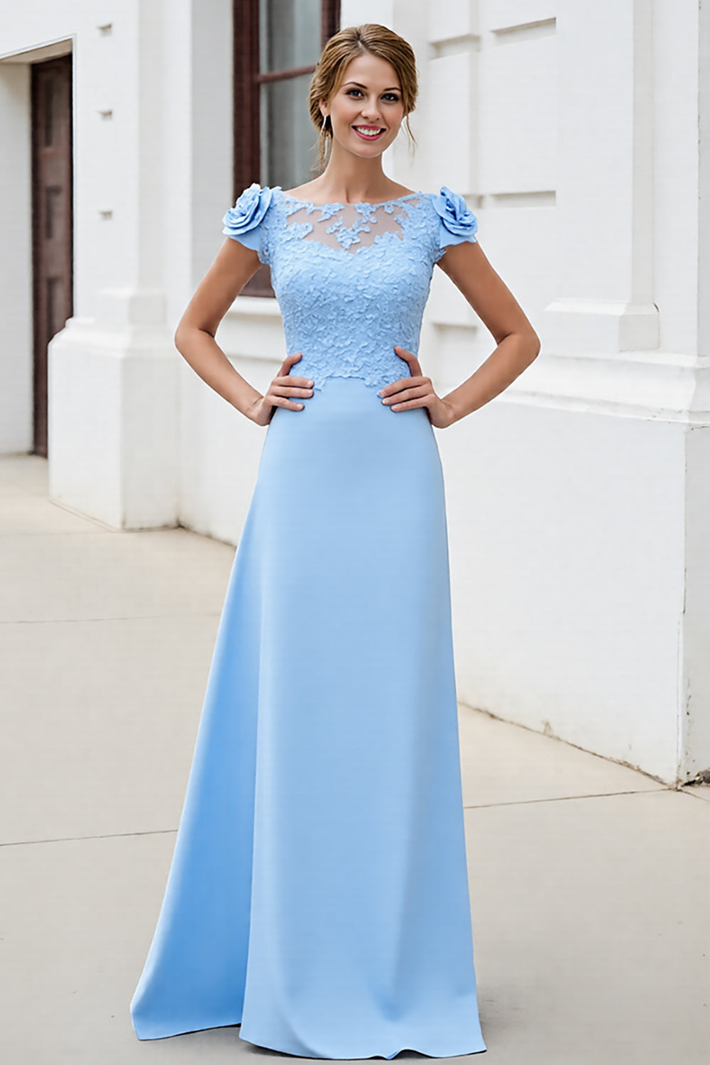 Sky Blue Floral Satin Maxi Mother of the Bride Dress with Lace