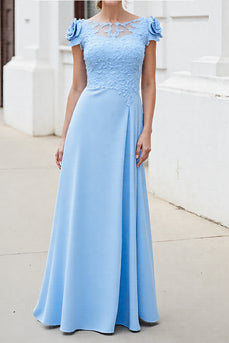 Sky Blue Floral Satin Maxi Mother of the Bride Dress with Lace
