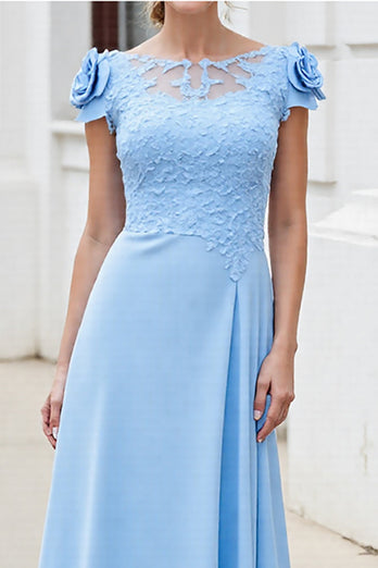 Sky Blue Floral Satin Maxi Mother of the Bride Dress with Lace