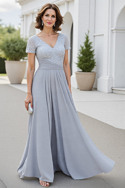 Silver A Line Chiffon V-Neck Maxi Mother of the Bride Dress