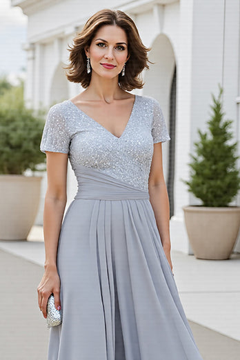 Silver A Line Chiffon V-Neck Maxi Mother of the Bride Dress