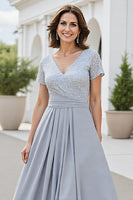 Load image into Gallery viewer, Silver A Line Chiffon V-Neck Maxi Mother of the Bride Dress