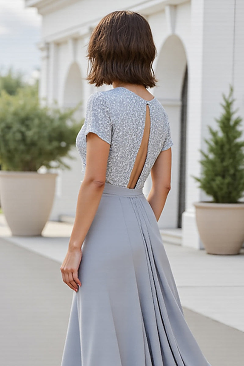 Load image into Gallery viewer, Silver A Line Chiffon V-Neck Maxi Mother of the Bride Dress