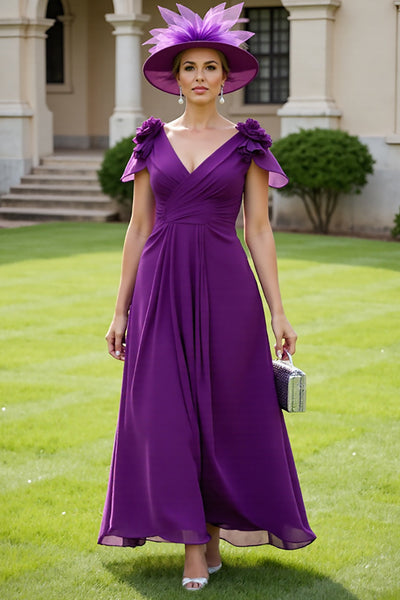 Floral Grape Chiffon V-Neck Maxi Mother of the Bride Dress