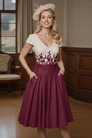 Load image into Gallery viewer, Burgundy Satin A Line Midi Mother of the Bride Dress with Appliques