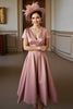 Load image into Gallery viewer, Dusty Rose A Line V-Neck Satin Midi Mother of the Bride Dress