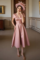 Load image into Gallery viewer, Dusty Rose A Line V-Neck Satin Midi Mother of the Bride Dress