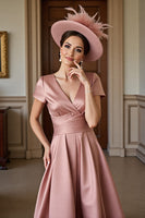 Load image into Gallery viewer, Dusty Rose A Line V-Neck Satin Midi Mother of the Bride Dress