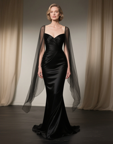 Black Satin Mermaid Maxi Mother of the Bride Dress with Cape