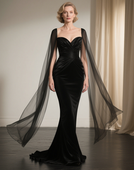 Black Satin Mermaid Maxi Mother of the Bride Dress with Cape