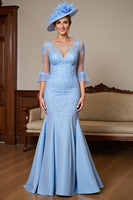 Load image into Gallery viewer, Sky Blue Satin Ruffled Maxi Mermaid Mother of the Bride Dress with Lace
