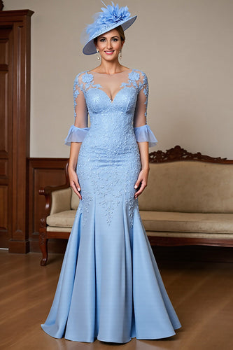 Sky Blue Satin Ruffled Maxi Mermaid Mother of the Bride Dress with Lace