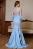 Load image into Gallery viewer, Sky Blue Satin Ruffled Maxi Mermaid Mother of the Bride Dress with Lace