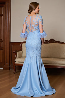 Sky Blue Satin Ruffled Maxi Mermaid Mother of the Bride Dress with Lace