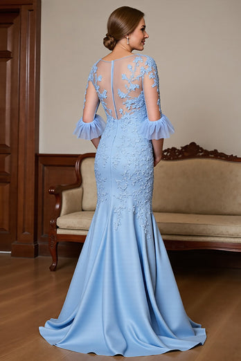 Sky Blue Satin Ruffled Maxi Mermaid Mother of the Bride Dress with Lace