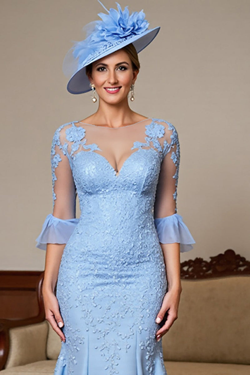 Load image into Gallery viewer, Sky Blue Satin Ruffled Maxi Mermaid Mother of the Bride Dress with Lace