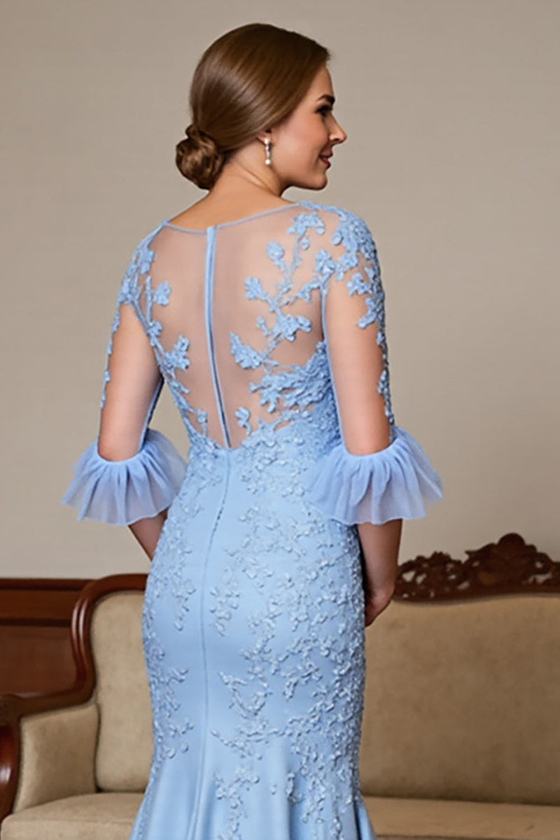 Load image into Gallery viewer, Sky Blue Satin Ruffled Maxi Mermaid Mother of the Bride Dress with Lace