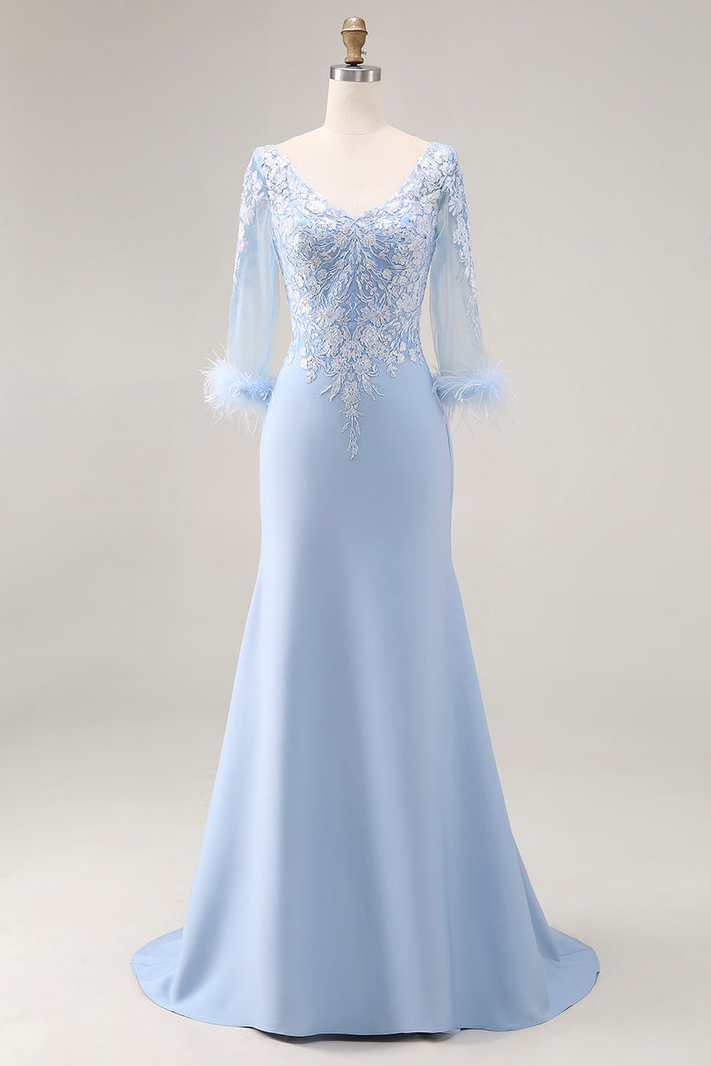 Load image into Gallery viewer, Sky Blue Satin Long Sleeves Mother of the Bride Dress with Lace