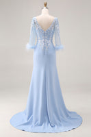 Load image into Gallery viewer, Sky Blue Satin Long Sleeves Mother of the Bride Dress with Lace
