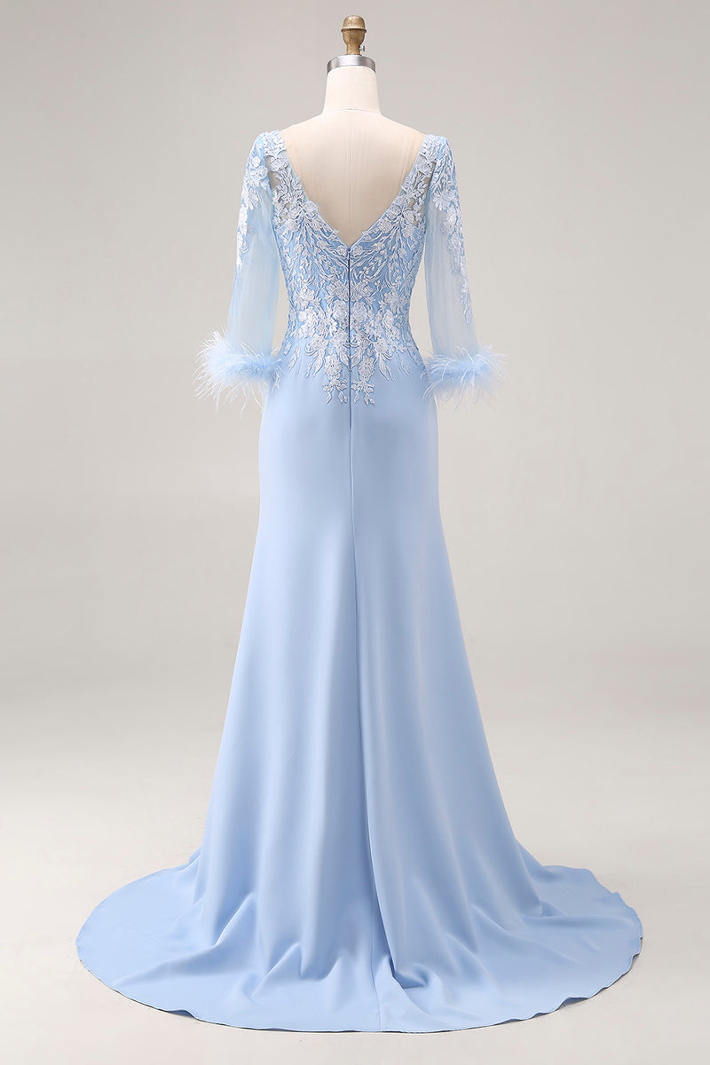 Load image into Gallery viewer, Sky Blue Satin Long Sleeves Mother of the Bride Dress with Lace