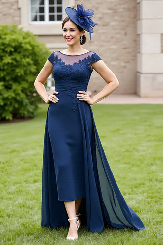 Navy A Line Chiffon Maxi Mother of the Bride Dress with Lace