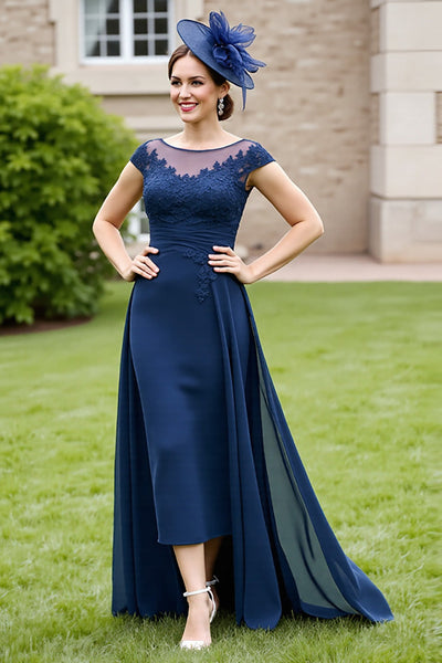 Navy A Line Chiffon Maxi Mother of the Bride Dress with Lace