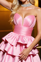 Load image into Gallery viewer, Candy Pink A Line Satin Strapless Short Prom Dress