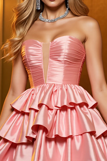 Blush Satin A Line Tiered Short Prom Dress